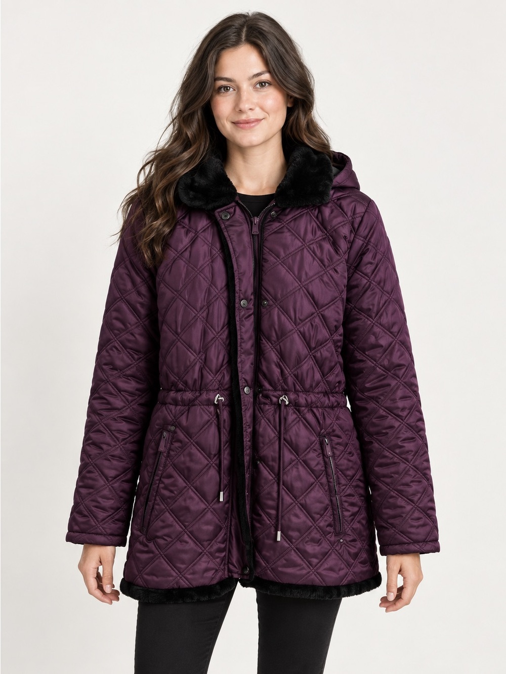 Sporto Black Faux Fur Coat with Purple Zipper